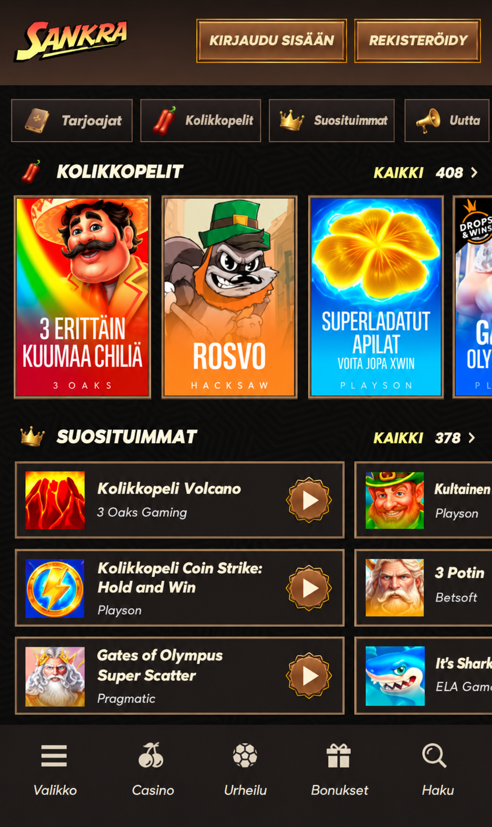 Sankra casino app game library with search bar and provider filters