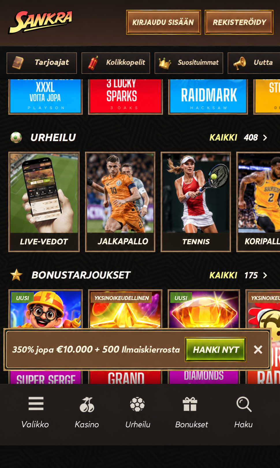 Sankra casino mobile application displaying active promotions and free spins