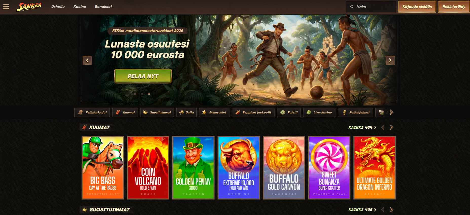 Full-page screenshot of Sankra casino with sports betting and slots tabs
